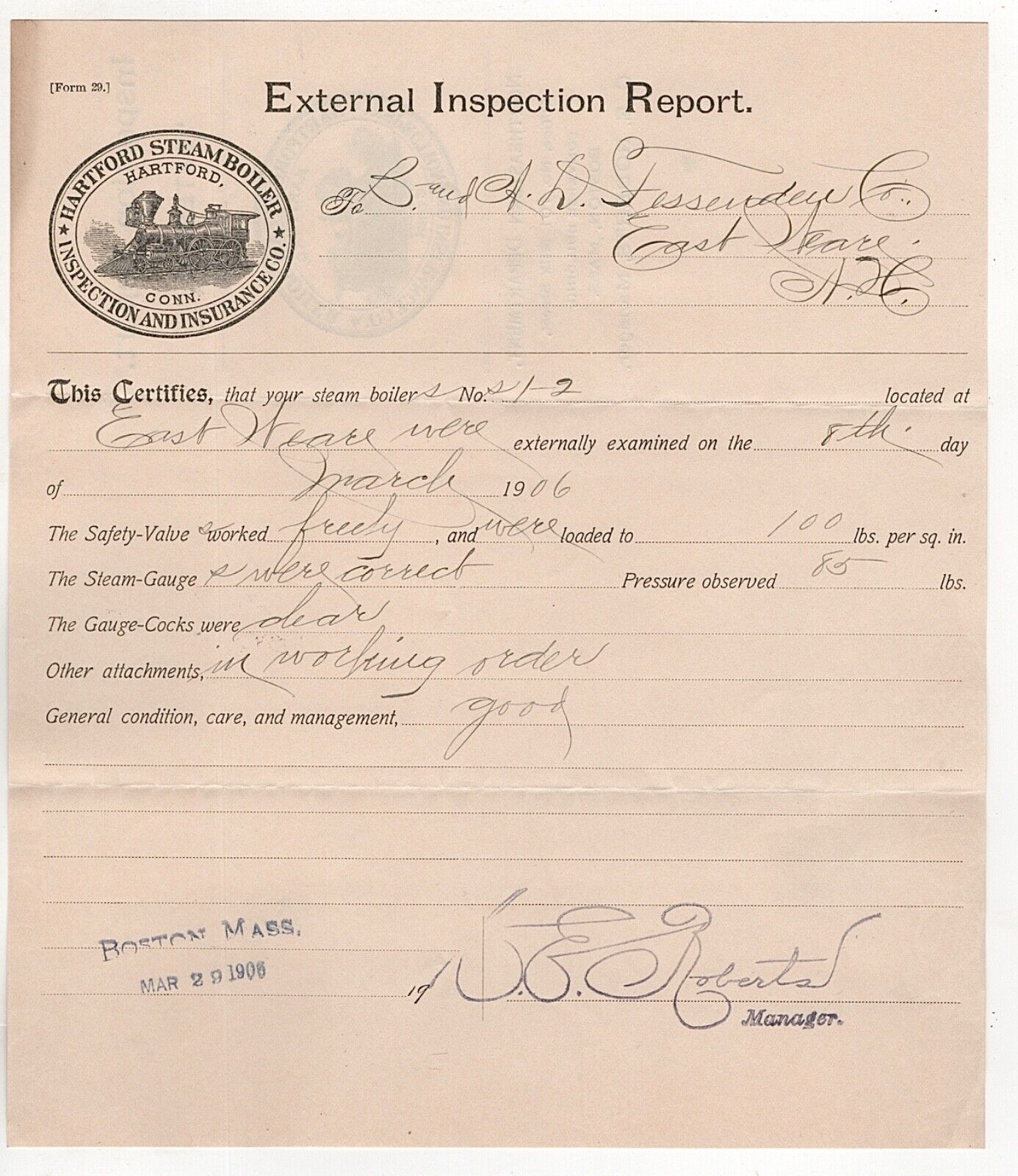 1906 HARTFORD STEAM BOILER CERTIFICATE EXTERNAL INSPECTION REPORT CT FESSENDEN
