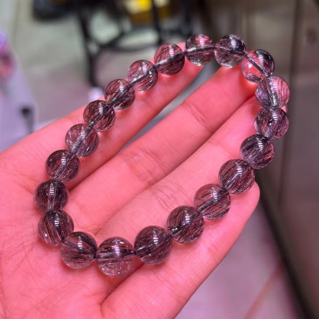 9.5mm Natural black Hair Crystal quartz round Beads polishing One loop bracelet