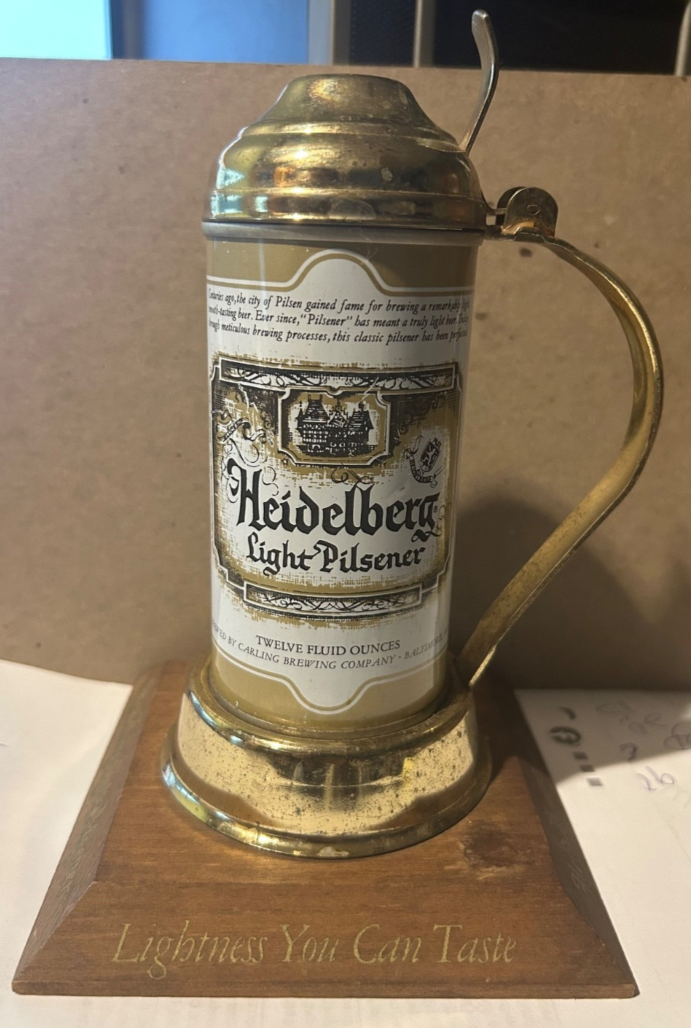 1970s ? Heidelberg Light Pilsener Beer Can / Stein Display Baltimore, MD