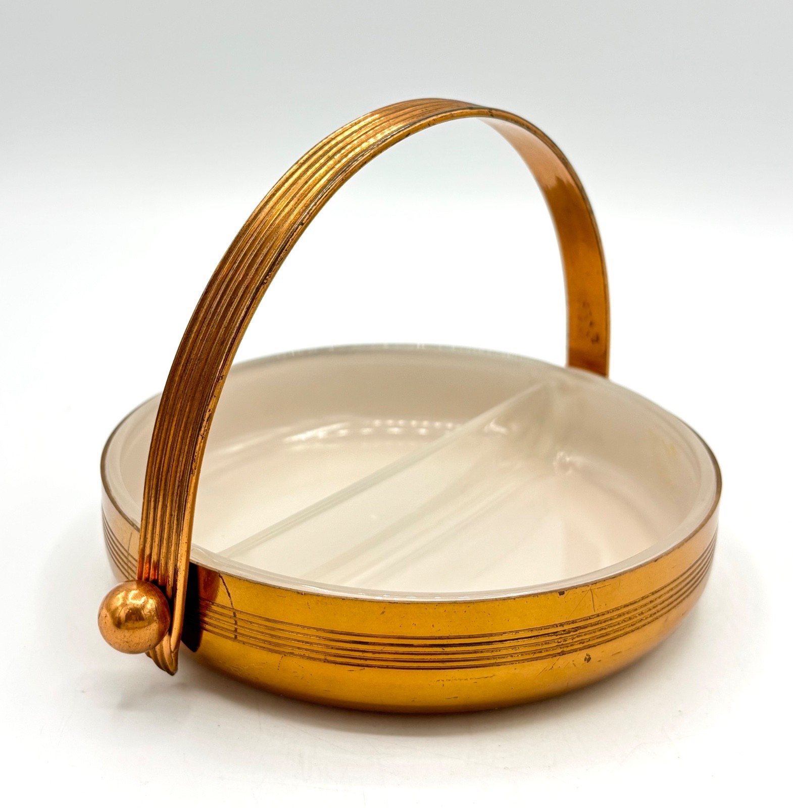 Vtg Chase Brass & Copper Co. 1930\'s Deco Divided Dish w/ Handle Made In USA 2pc