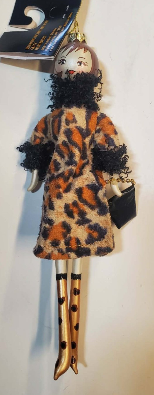 Robert Stanley Fashion Runaway Glass Girl Christmas Ornament Black Leopard print