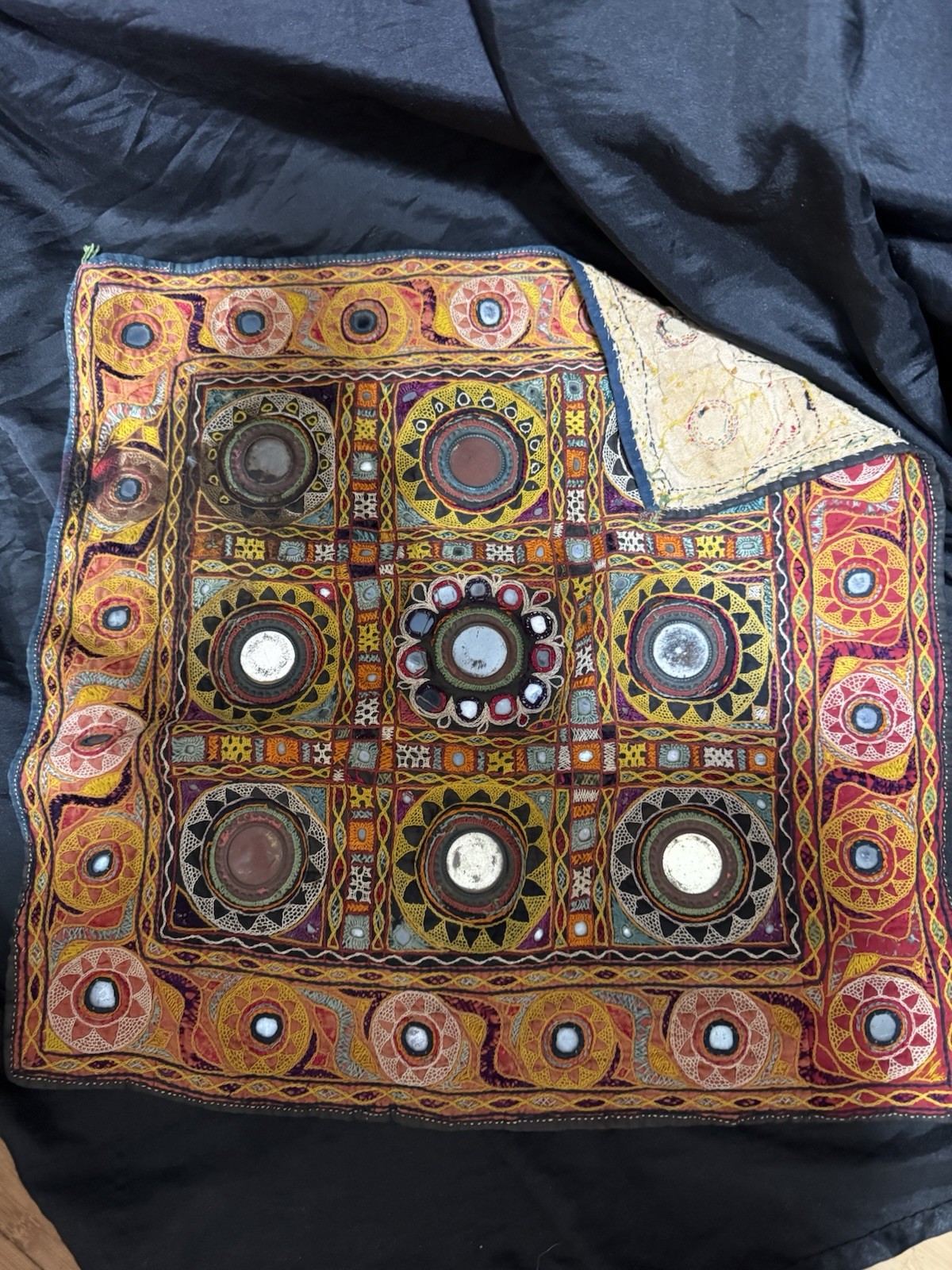 Vintage Indian Kutch Embroidery Mirror Work Shisha Tribal Folk Art Textile 21x21