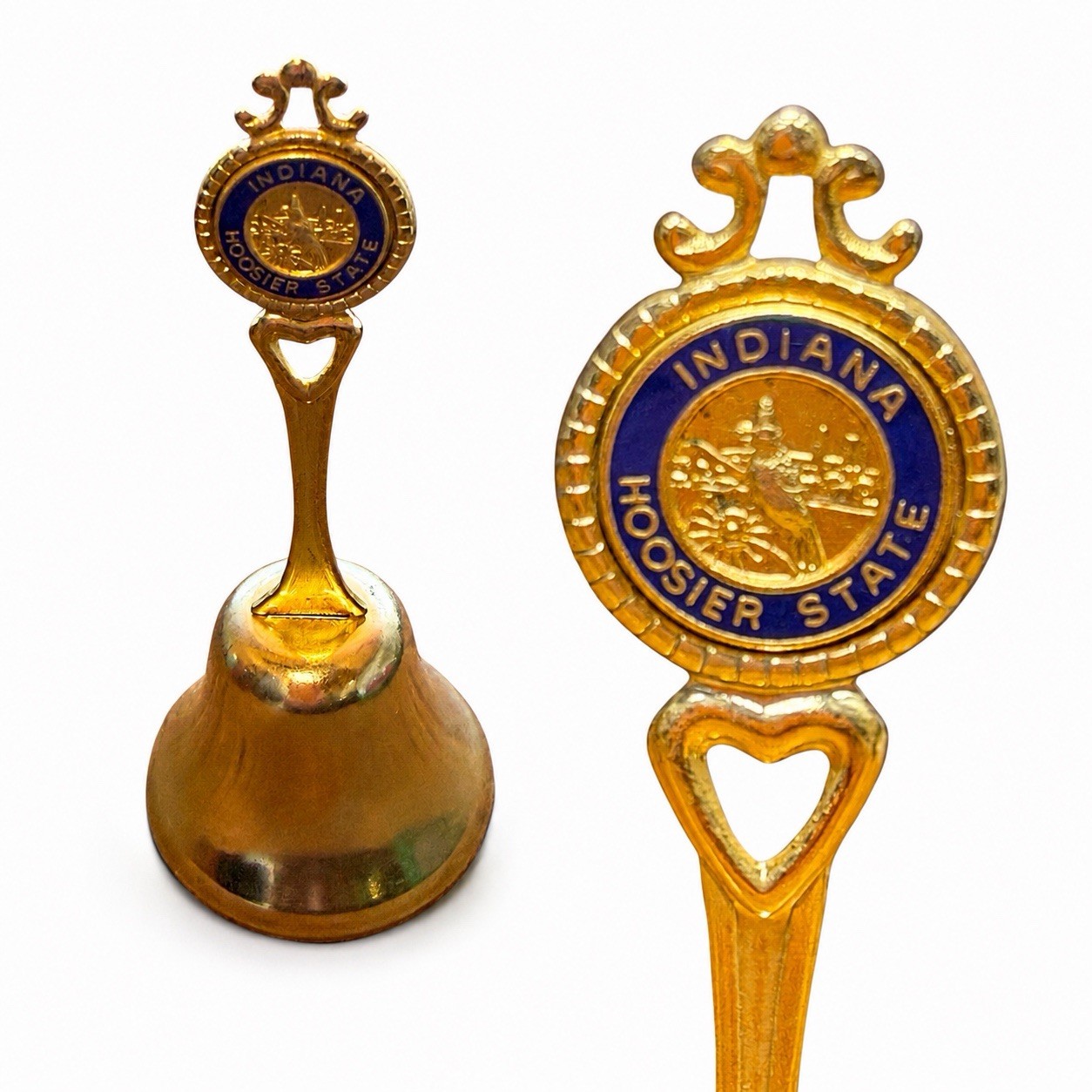 VTG Indiana Hoosier State Brass Souvenir Bell Heart Handle Blue Enamel Brass