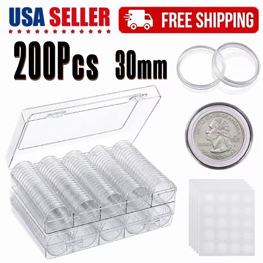 200Pcs 30mm Coin Holder Capsules Case Clear Round Storage Container for Half