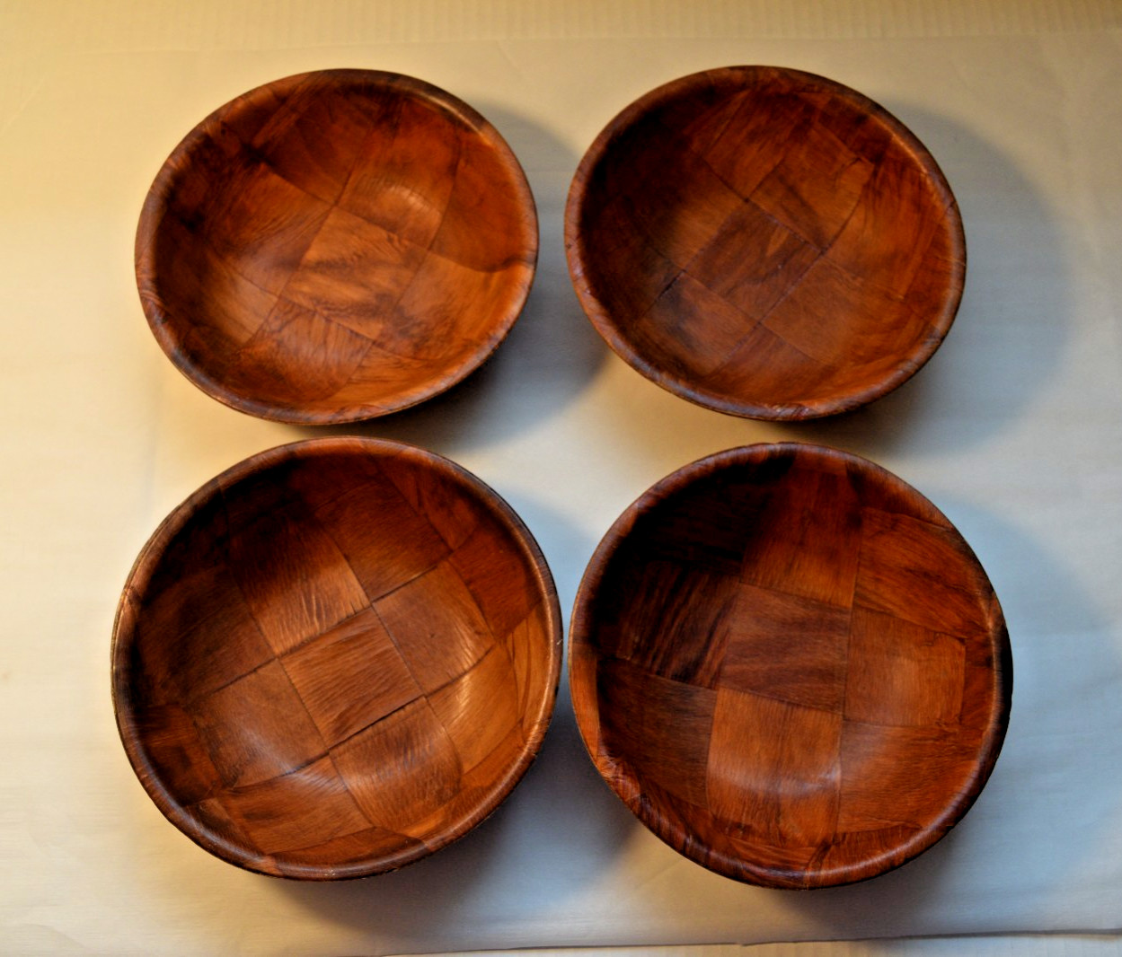 Vintage (4) Woven Parquet Woven Wood 6-inch Bowls - VINTAGE - SHIPS FREE