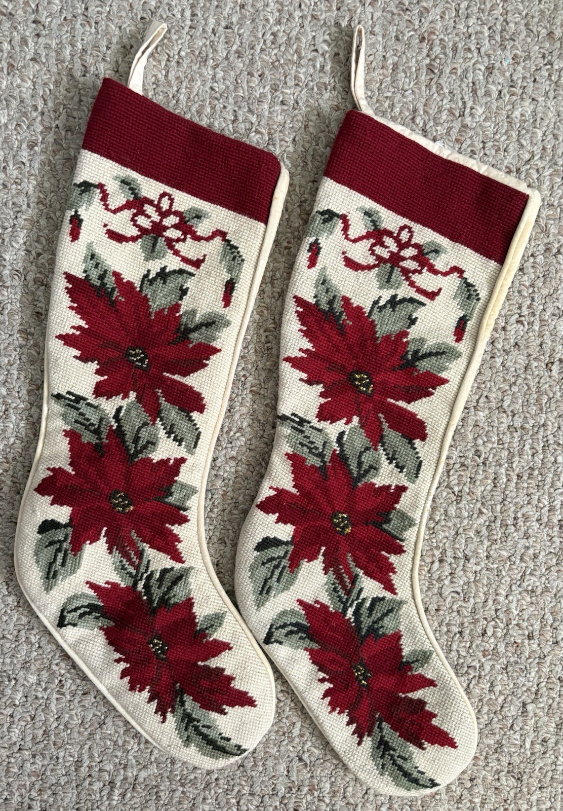 Set Of 2 VTG? Poinsettia Needlepoint Christmas Stockings Off White Background