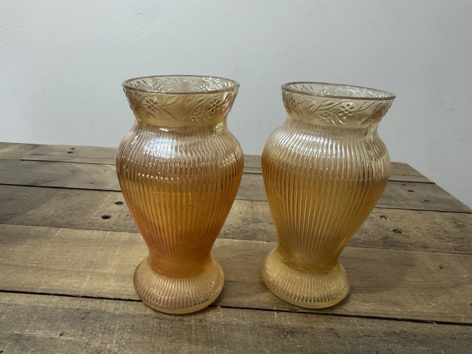 Pair of Vintage Imperial Glass Marigold Carnival Glass Ribbed Vase w/ Floral Rim