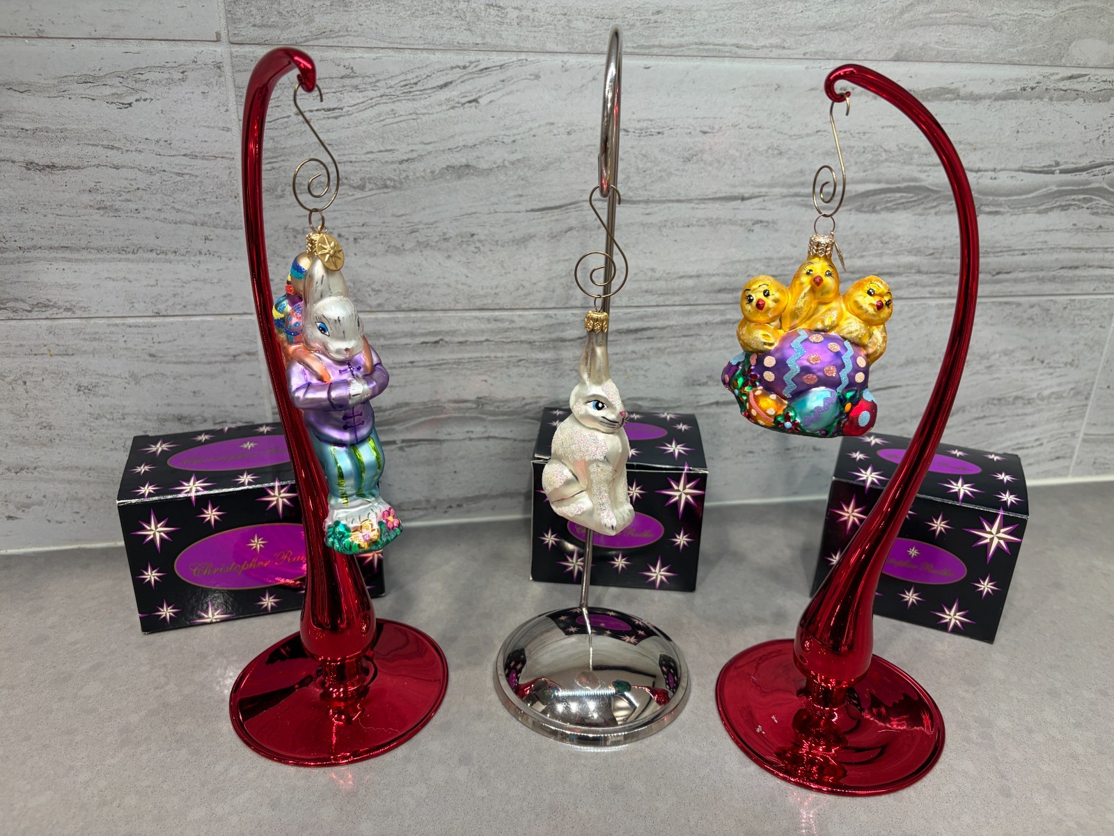 3 Vintage Retired Christopher Radko Christmas Easter Ornaments Rabbit Chicks Egg