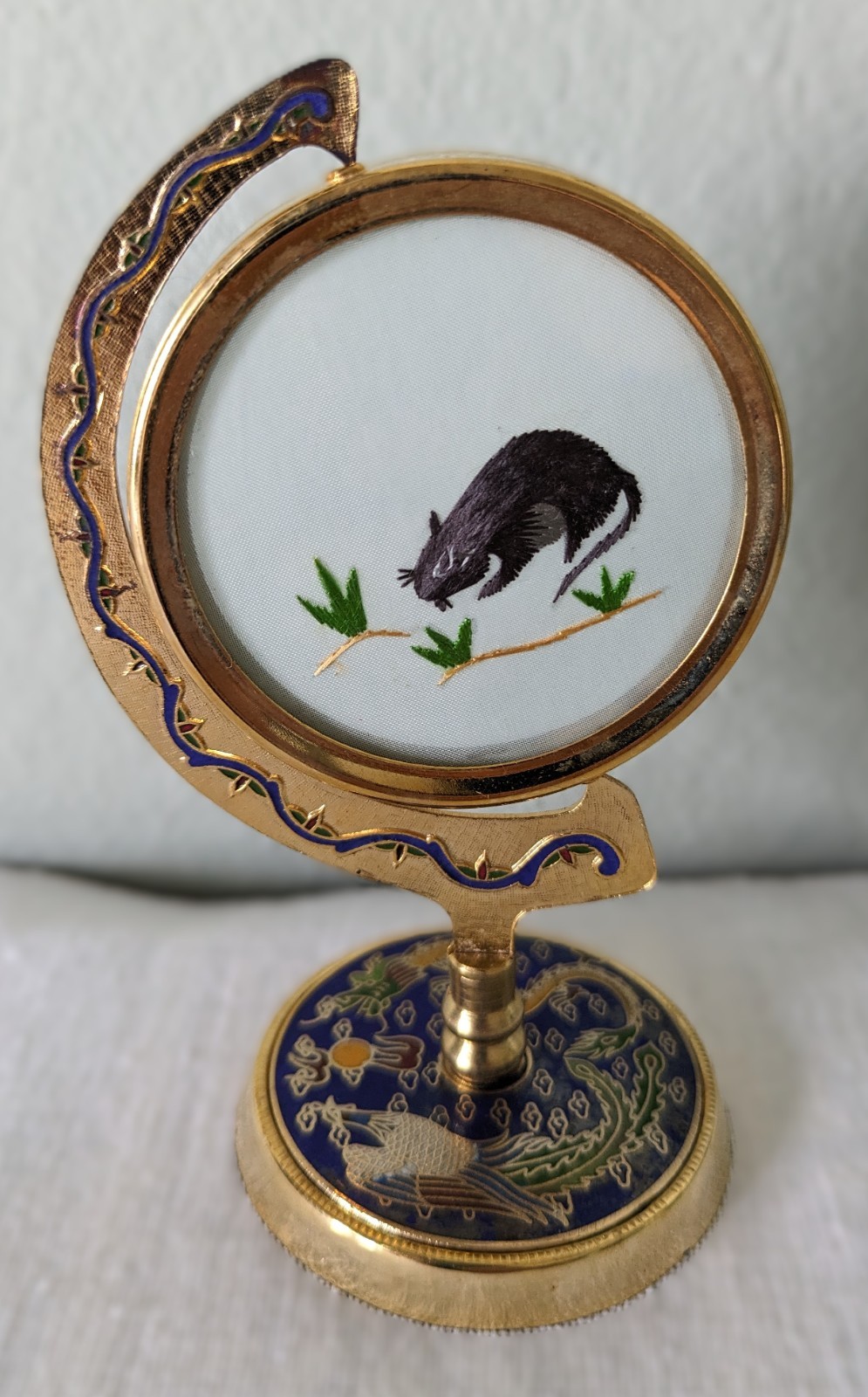 Vintage Chinese Rotating Brass Cloisonné Double-sided Silk Rat Embroidery