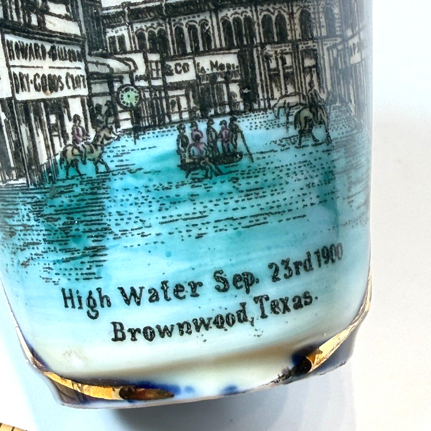 BROWNSWOOD High Water 1900 TX TEXAS ANTIQUE Souvenir China COBALT TRINKET VASE
