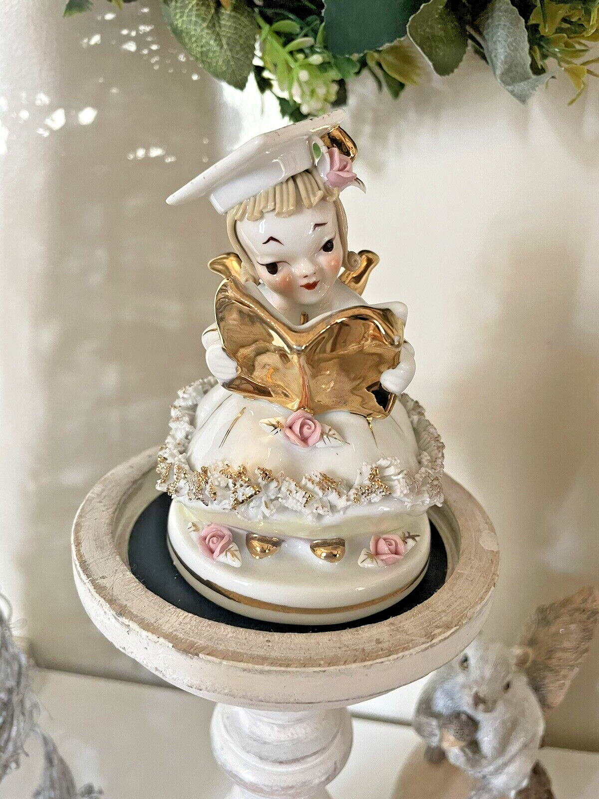 Lefton Graduation Girl Betty Co-Ed #808B Porcelain Angel Figurine Spaghetti Trim
