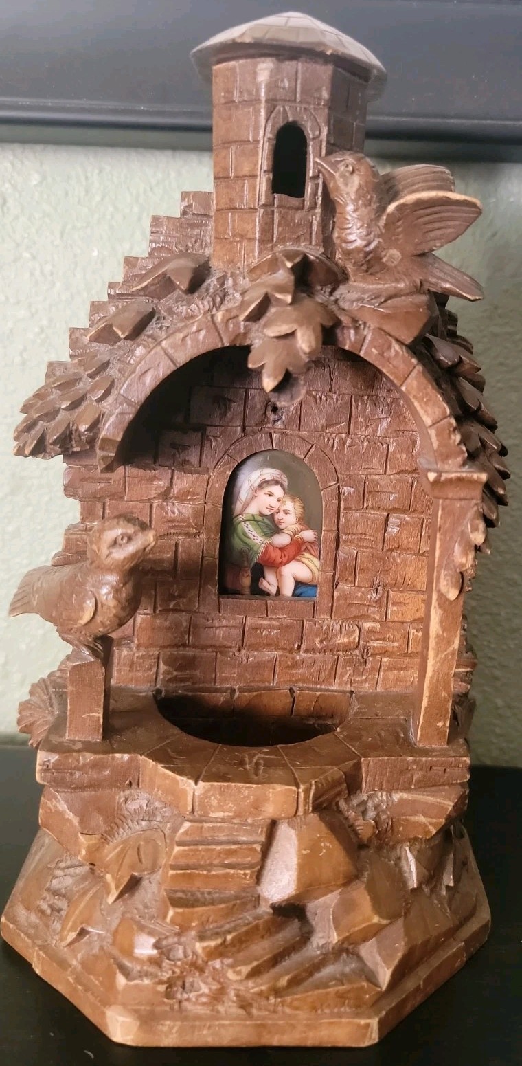 Antique german Black Forest Carved Wood  Holy Water Font With Porcelain Madonna