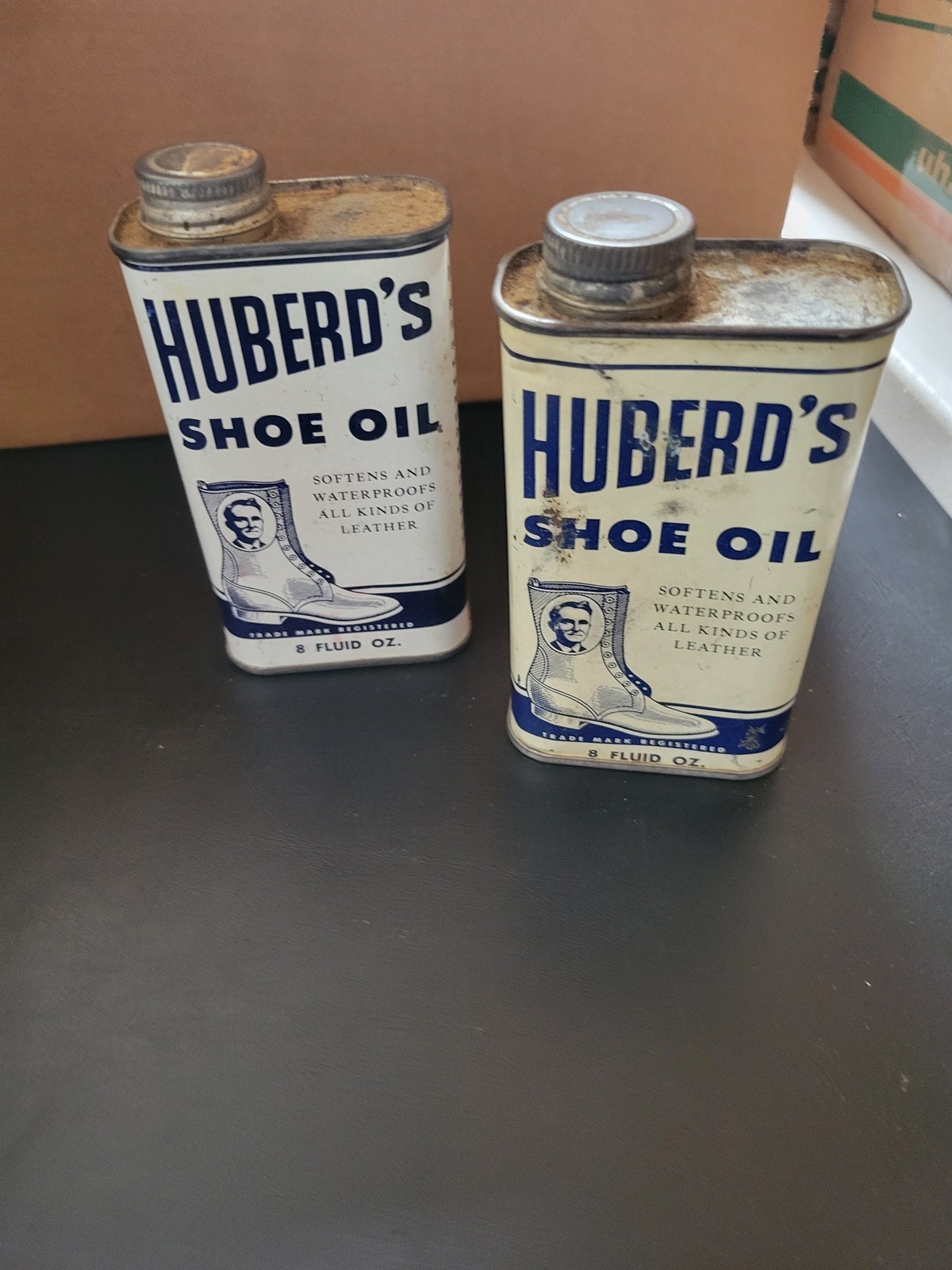 Vintage Huberd's Shoe Oil 8oz Tin Cans - Set of 2 - Advertising Collectible