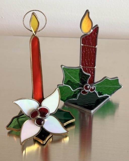 2 pc VTG Hand Crafted Stained Glass Suncatcher Christmas Candle Sculpture