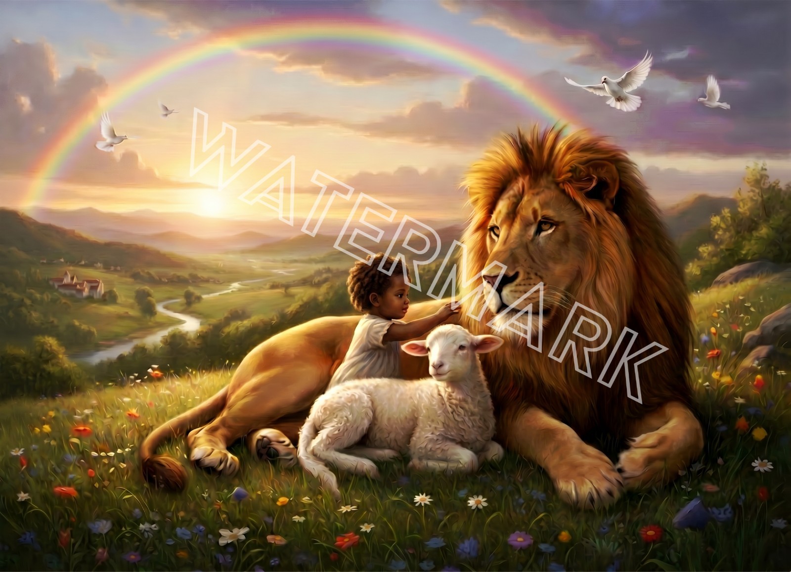 Premium Peaceful Lion and Lamb and Child Artwork Digital Picture Photo Wallpaper