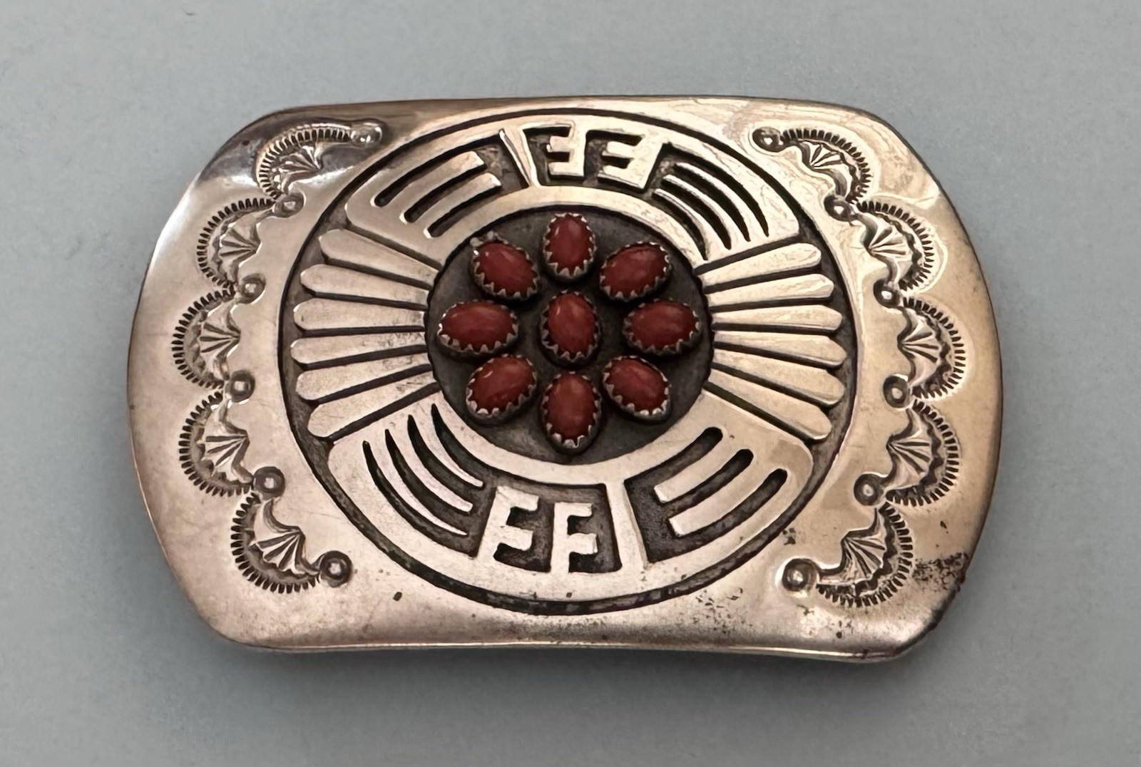 VTG Rare Red Coral Array Sterling Silver Native American Rosco Scott Belt Buckle VTG Rare Red Coral Array Sterling Silver Native American Rosco Scott Belt Buckle
