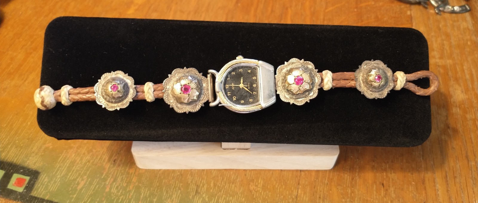 Vintage Sterling Silver Gold Pico Concho Rawhide Leather Western Watch Band READ Vintage Sterling Silver Gold Pico Concho Rawhide Leather Western Watch Band READ