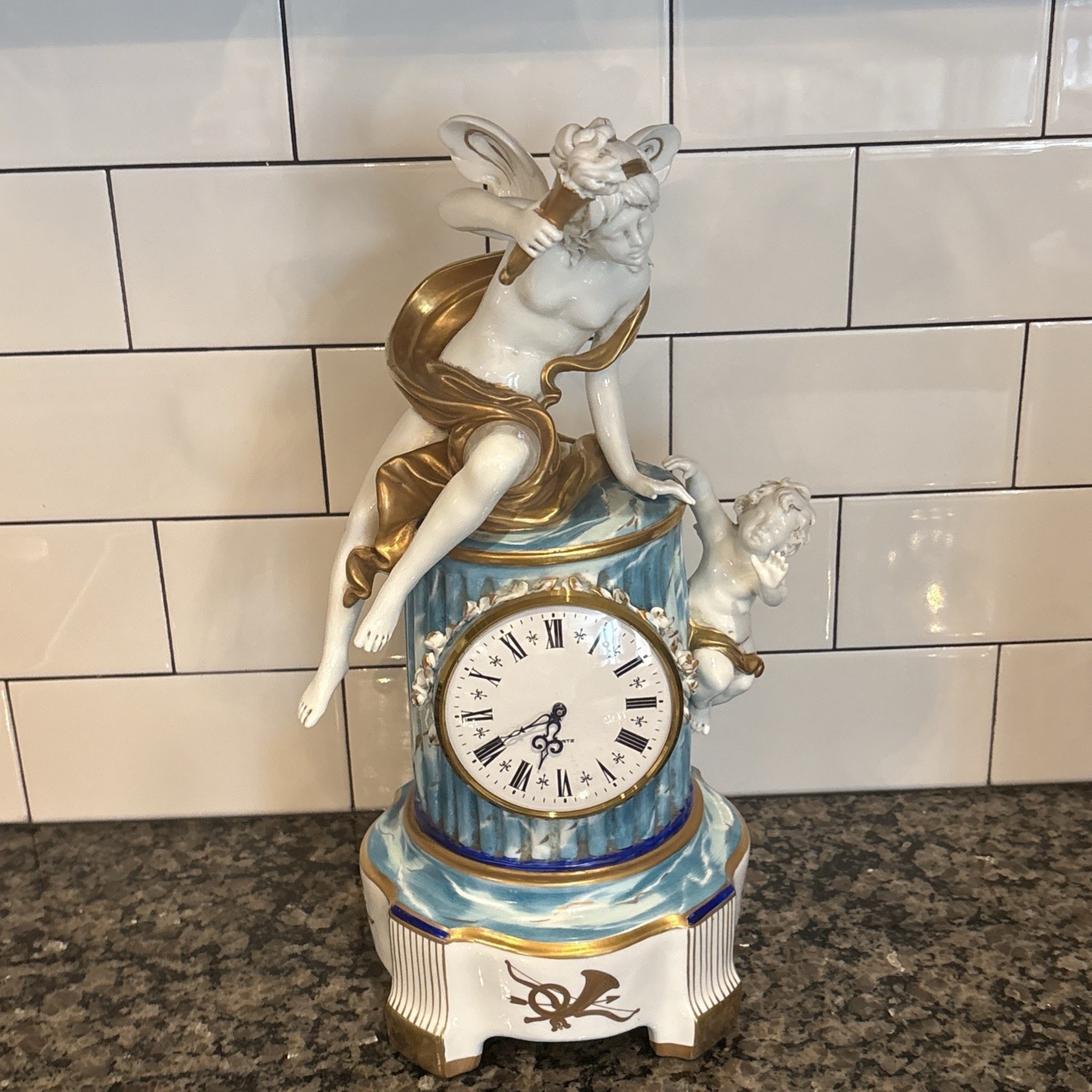 Stunning Italian Capodimonte Porcelain Mantle Clock, TYCHE claiming Cherub/Putto