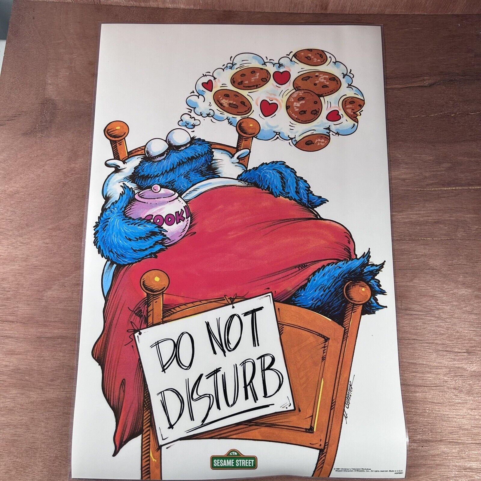 VTG SesameStreet Cookie Monster do not disturb Laminated Poster 1981 Made In USA