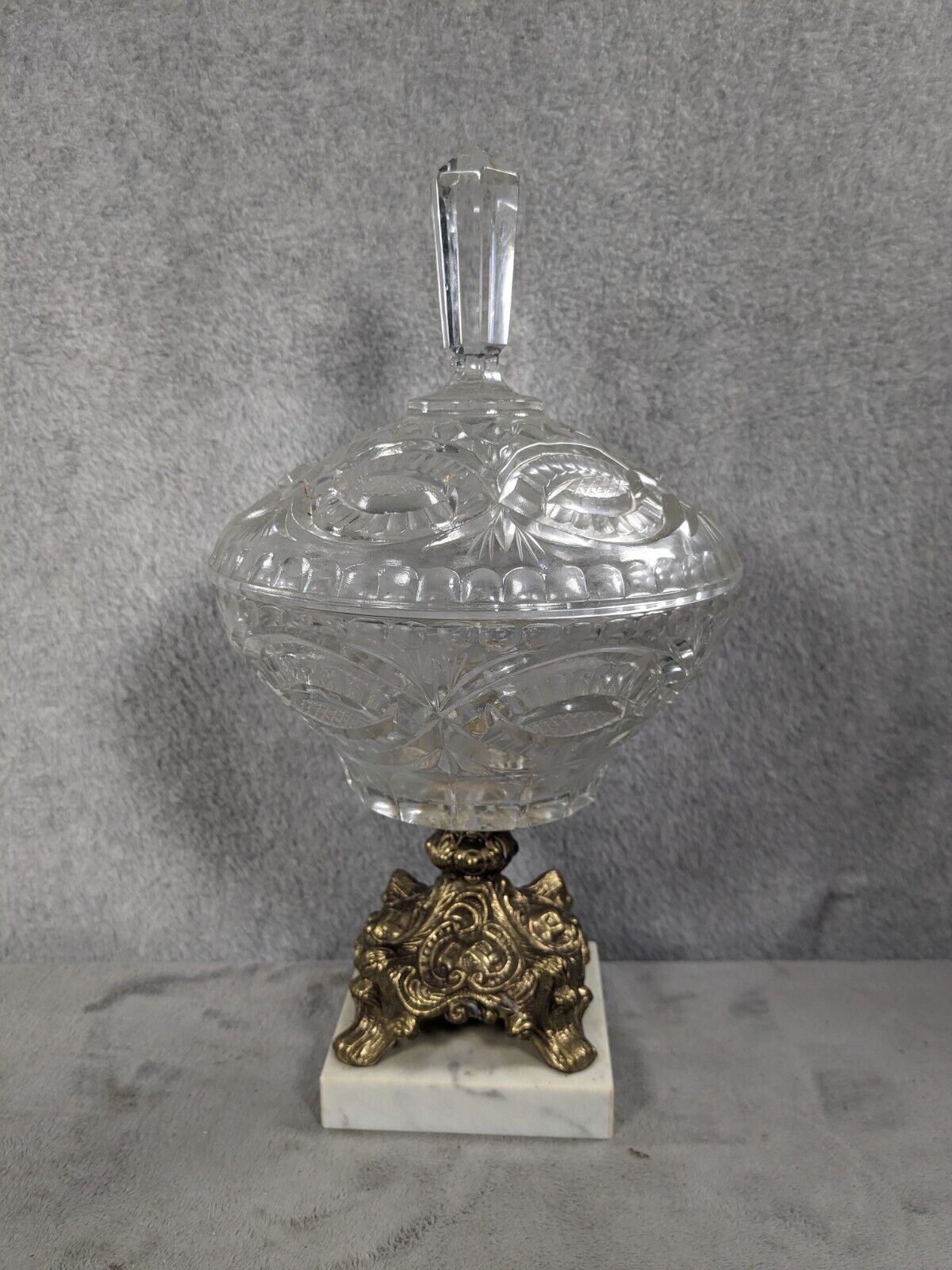 Vintage Crystal Candy Dish With Lid Bronze  Marble Base 13” Hollywood Regency