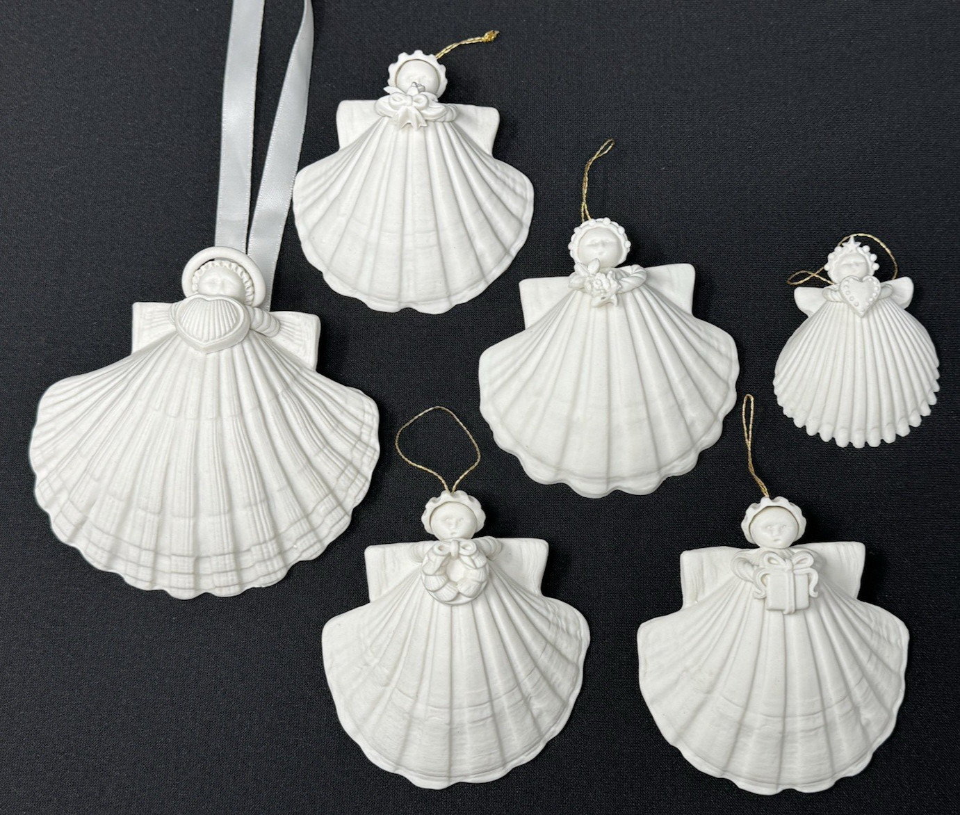 6 Vintage Margaret Furlong Porcelain Shell Angel Ornaments 1980's & 1990's