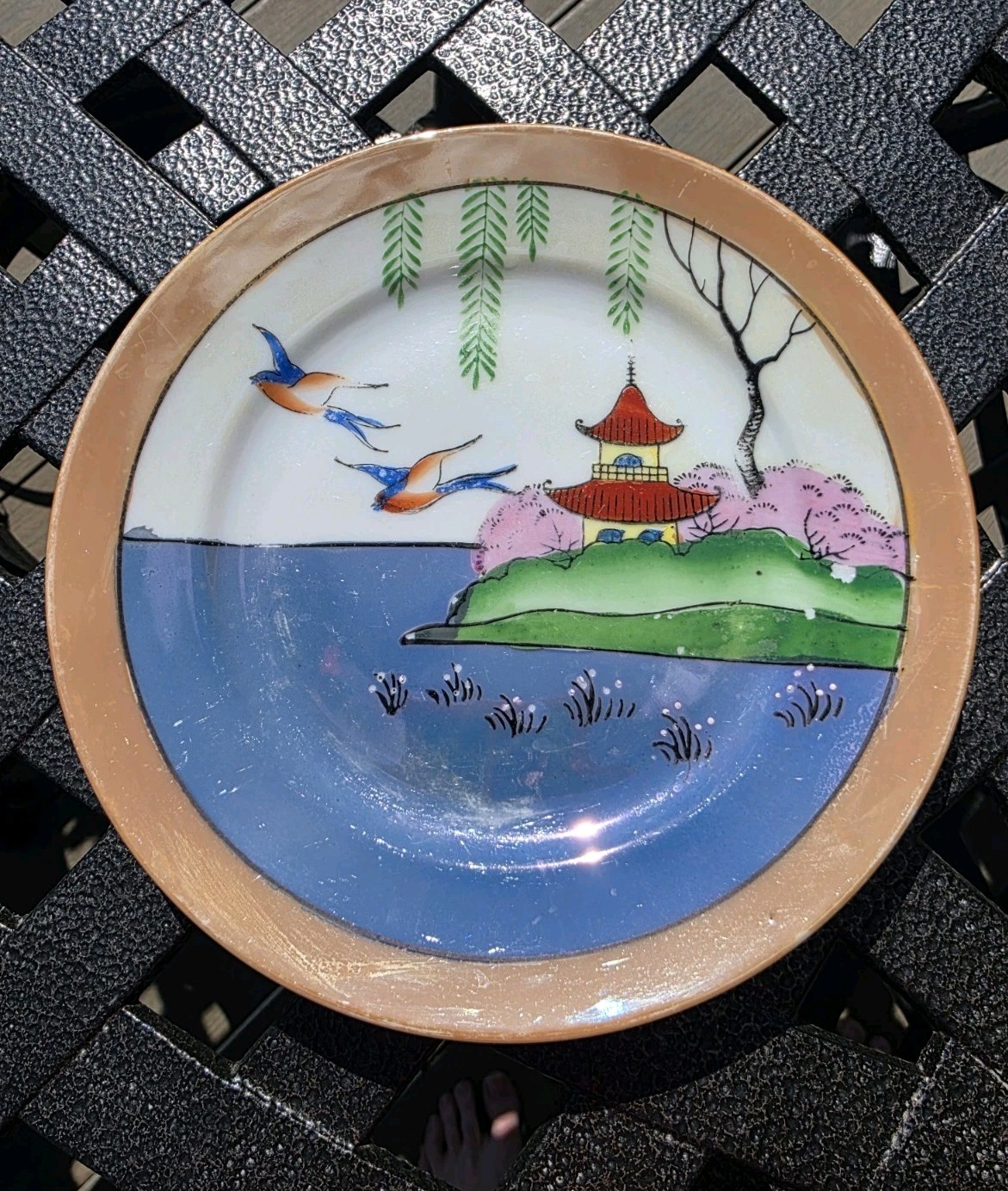 Vintage Hand painted Lusterware Japan Willow Plate