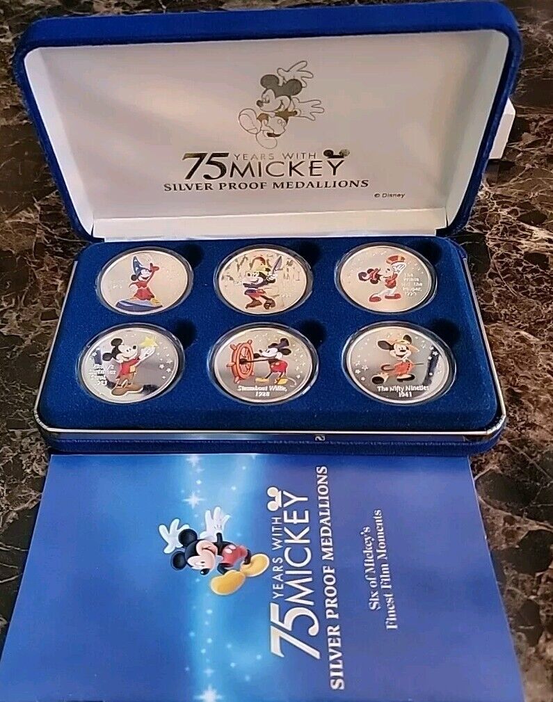 6PC POSTAL COMMEMORATIVE SOCIETY 75 YEARS WITH MICKEY SILVER PROOF MEDALLIONS