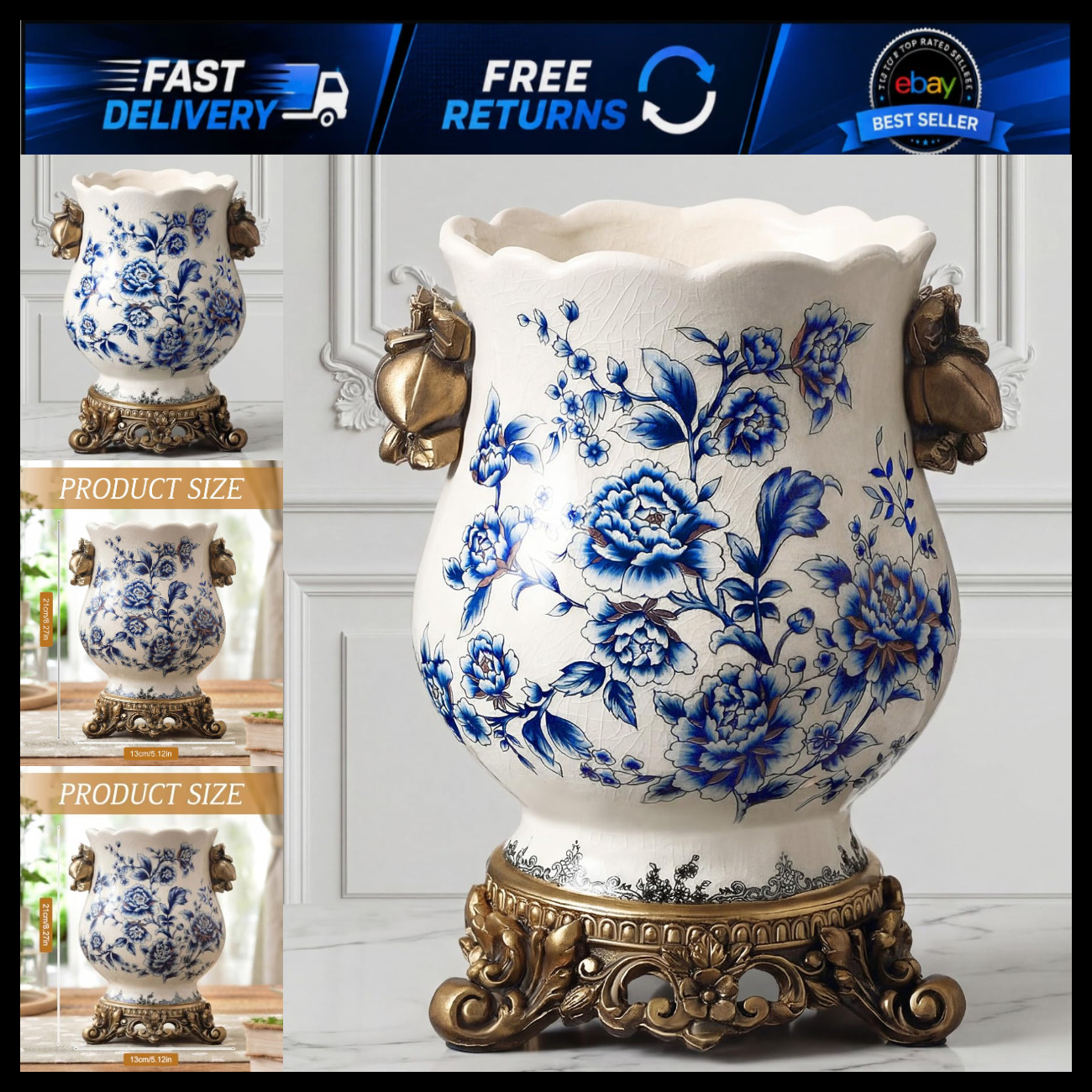 Vintage Blue and White Ceramic Vase with Gold Pedestal, Chinoiserie Floral Urn