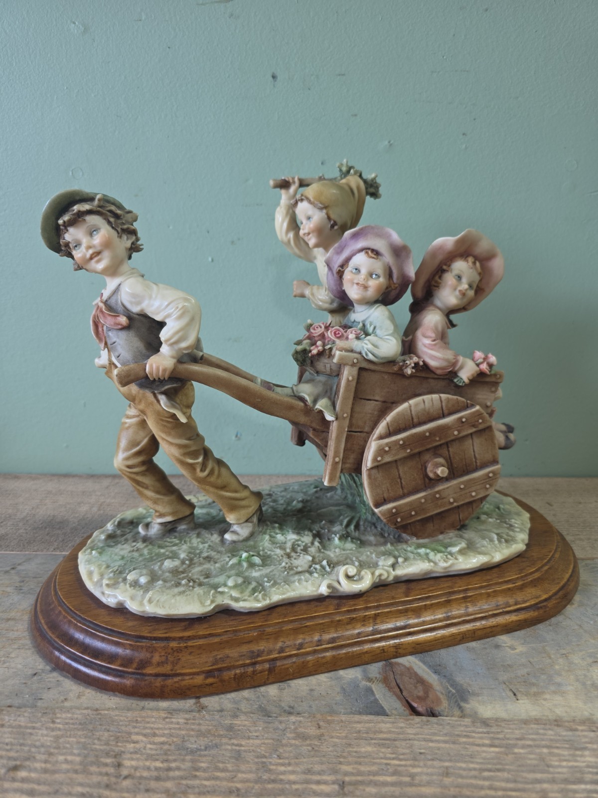 Capodimonte FIGURINE Signed B Merli Girls Outing On Wheelbarrow Collectible Rare