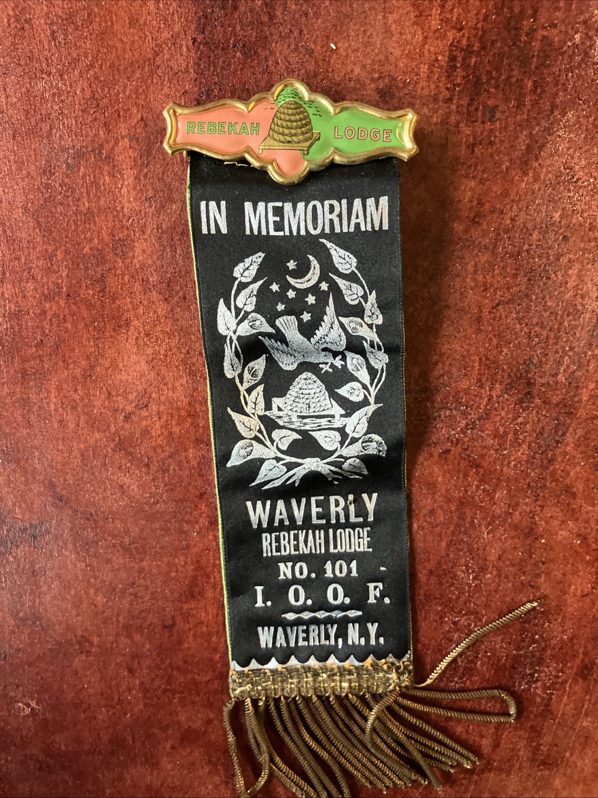 Antique c1900 IOOF Rebekah Lodge 101 Reversible Mourning Ribbon Badge Waverly