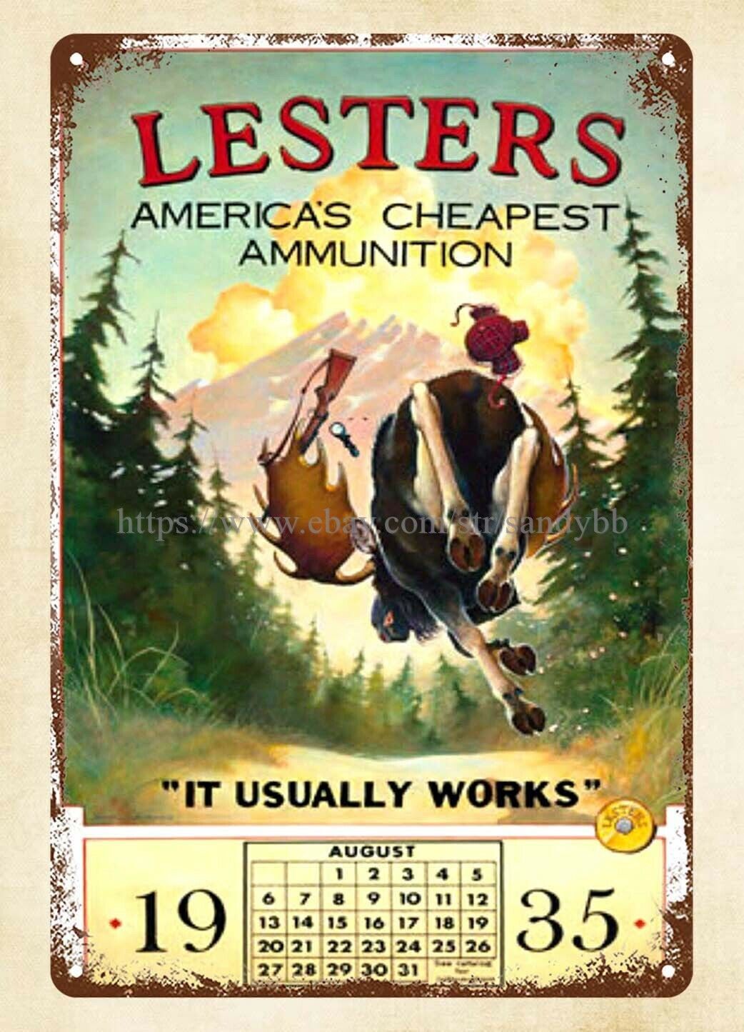 1935 calendar Lesters America\'s est ammunition metal tin sign cool garage