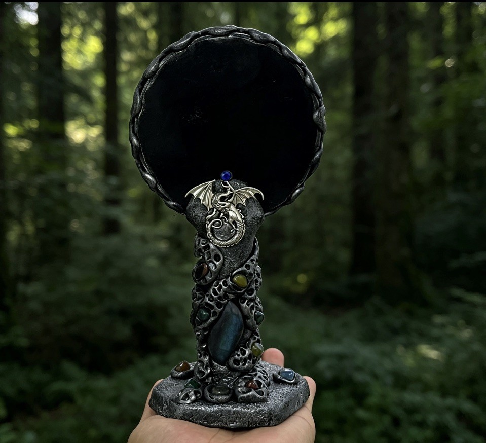 Handheld Obsidian Scrying Mirror Wand with Labradorite, Crystal Divination Tool