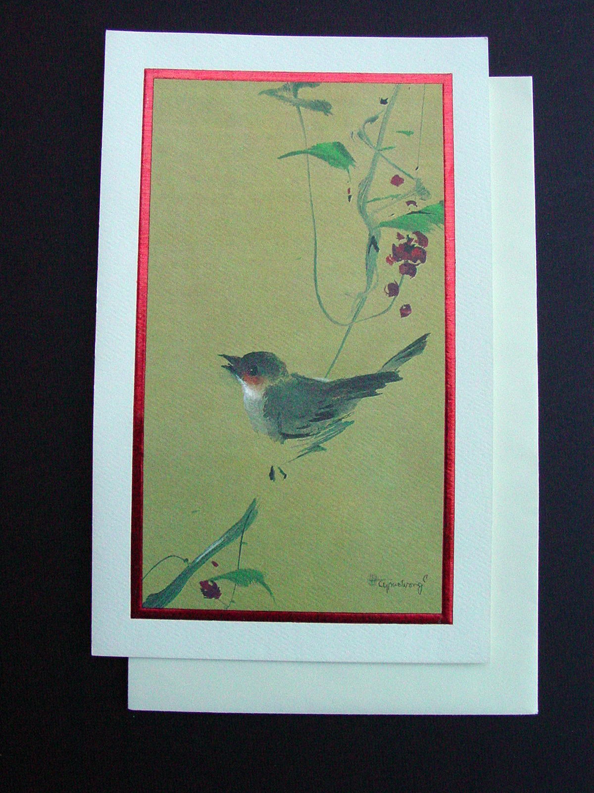Vintage Unused Tyrus Wong Xmas Greeting Card Beautiful Songbird on Branch