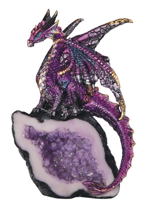 PURPLE CRYSTAL DRAGON       Purple Dragon on Crystal Geode    Statue   H5.5
