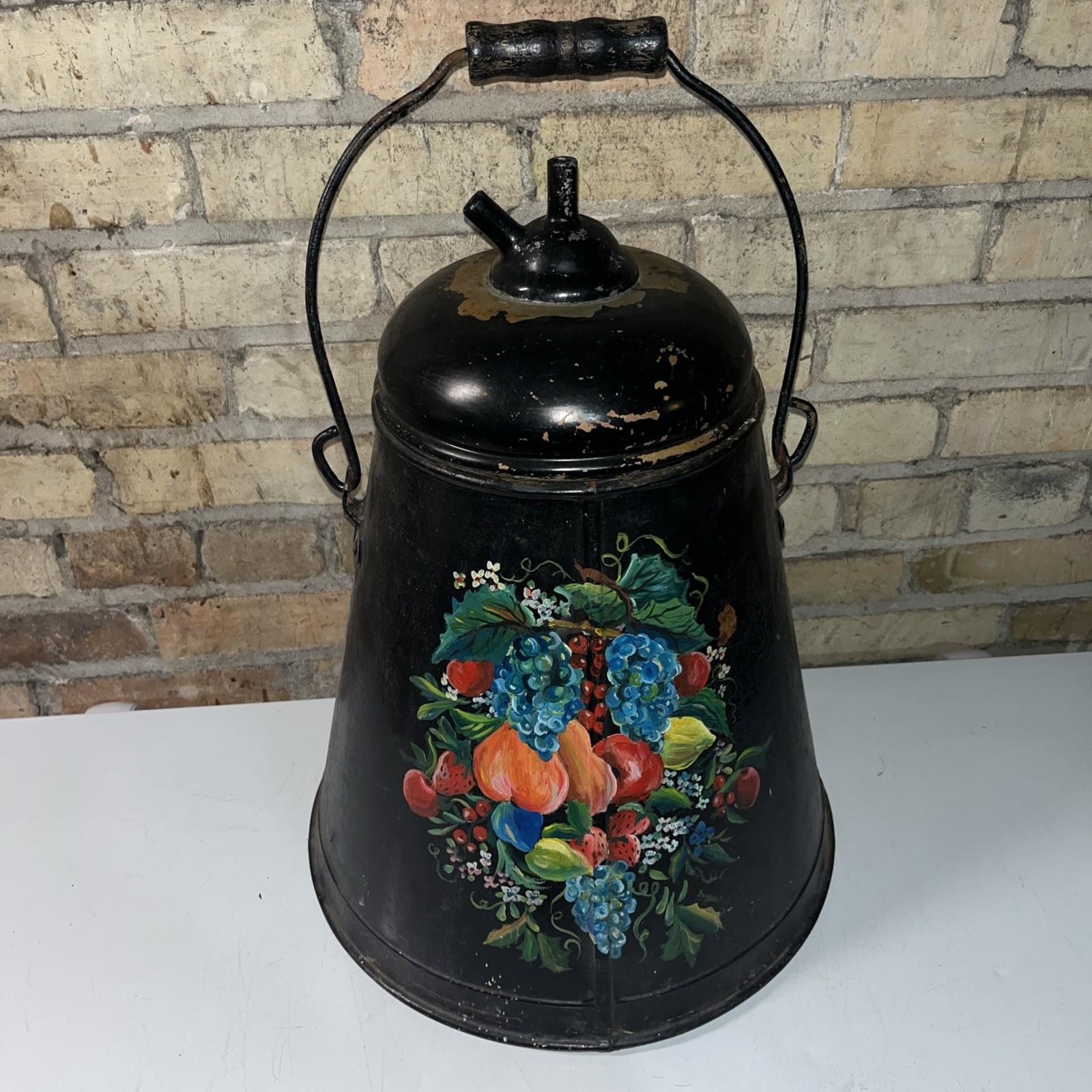 Vtg 18” XL Hand Painted Antique Metal Water/Milk Can/Kettle VHTF - See Desc.