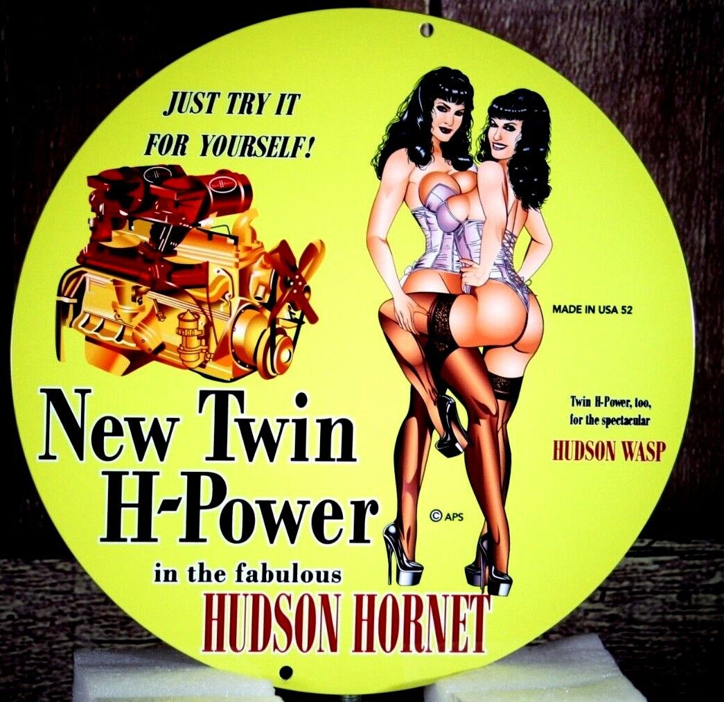 HUDSON HORNET NEW TWIN H-POWER PORCELAIN COLLECTIBLE, RUSTIC, ADVERTISING 