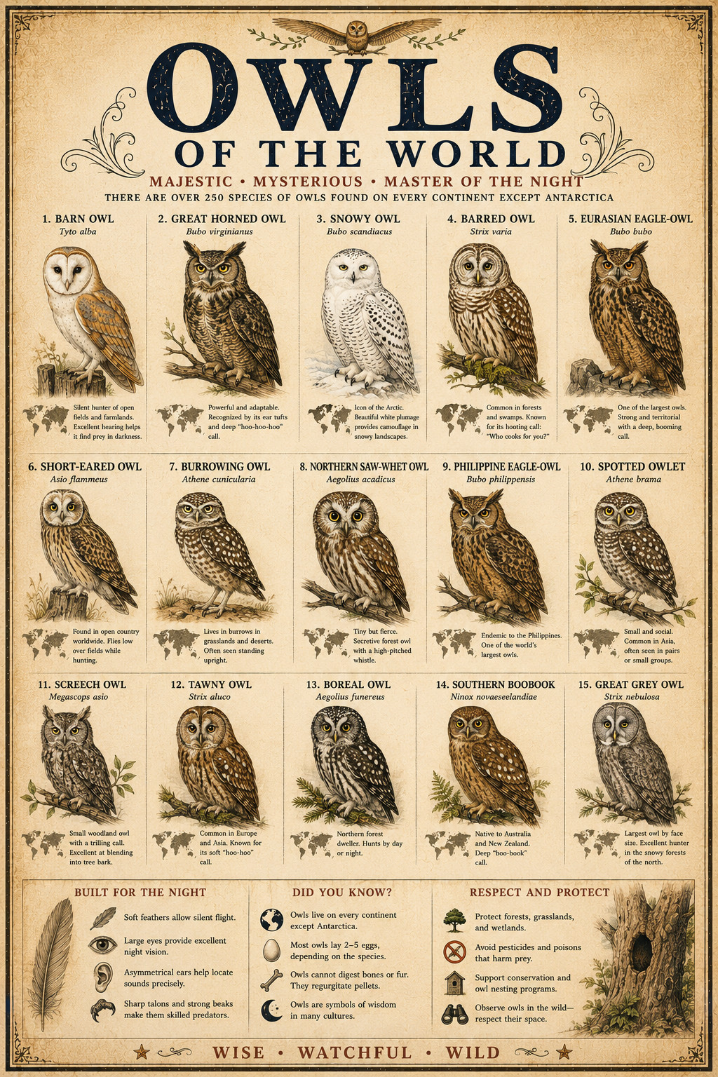 Owls of the World Poster 13x19 – Vintage Owl Species Chart Bird Wildlife Nature