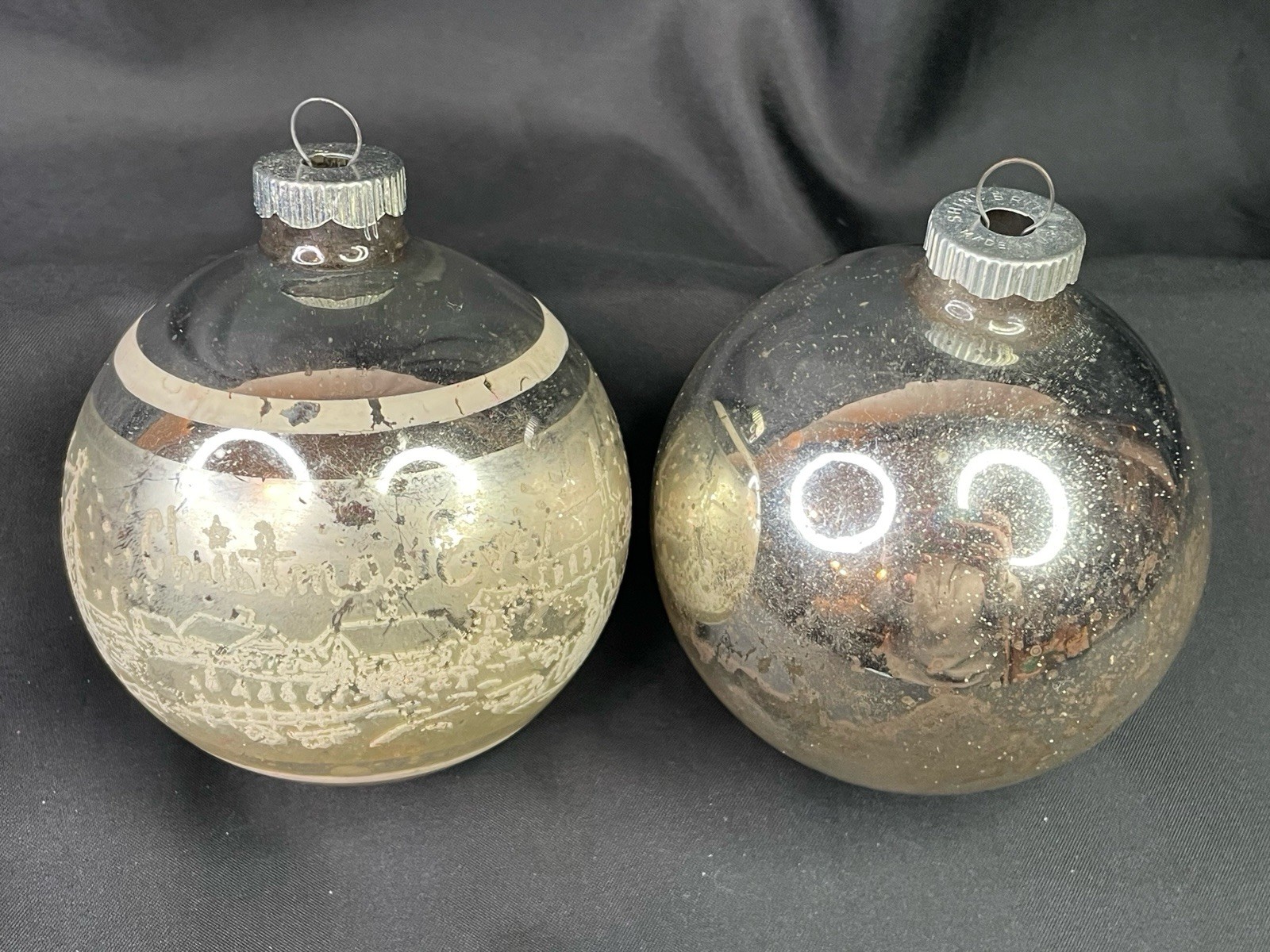 2 Large Vintage Shiny Brite Ornaments: Silver & Mica Stenciled “Christmas Eve”