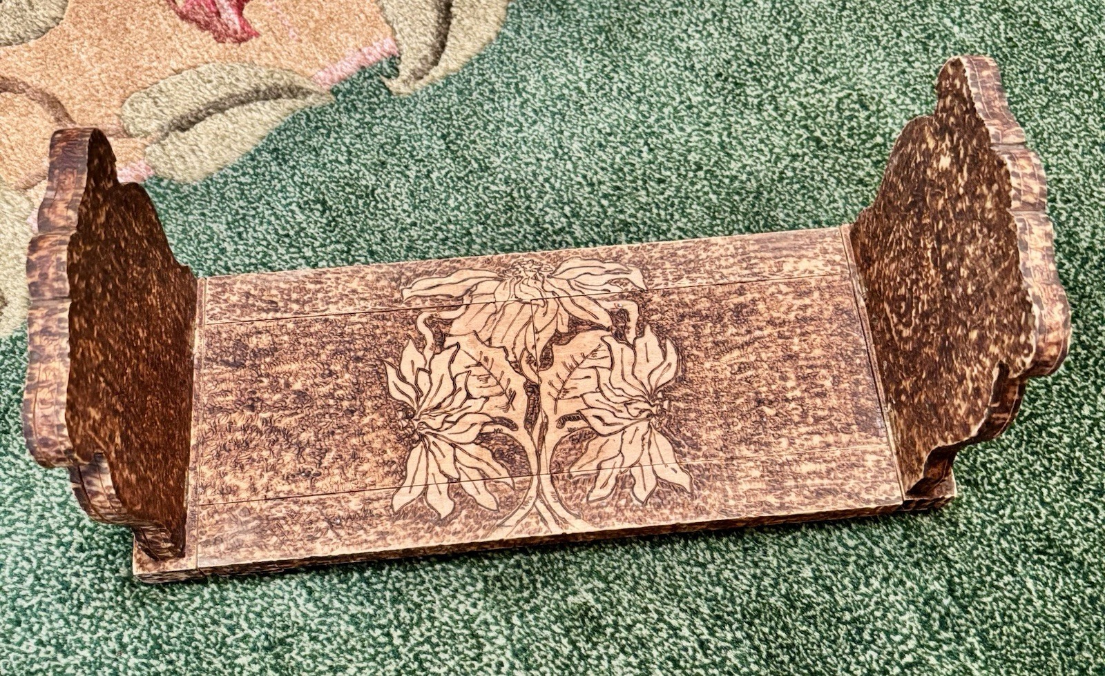 VTG Art Nouveau Hand Crafted Pyrography Wood Expanding Sliding Folding Bookends