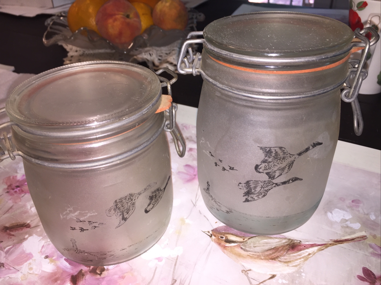 Wheaton Fine Glass Cannisters 3/4 & 1/2 Liter Seaside Duck Scene Nice 