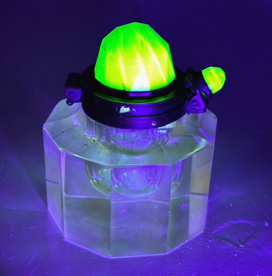 Victorian Ink Well Brass & Green Uranium Cut Glass Antique w Hinged Lid Inkwell
