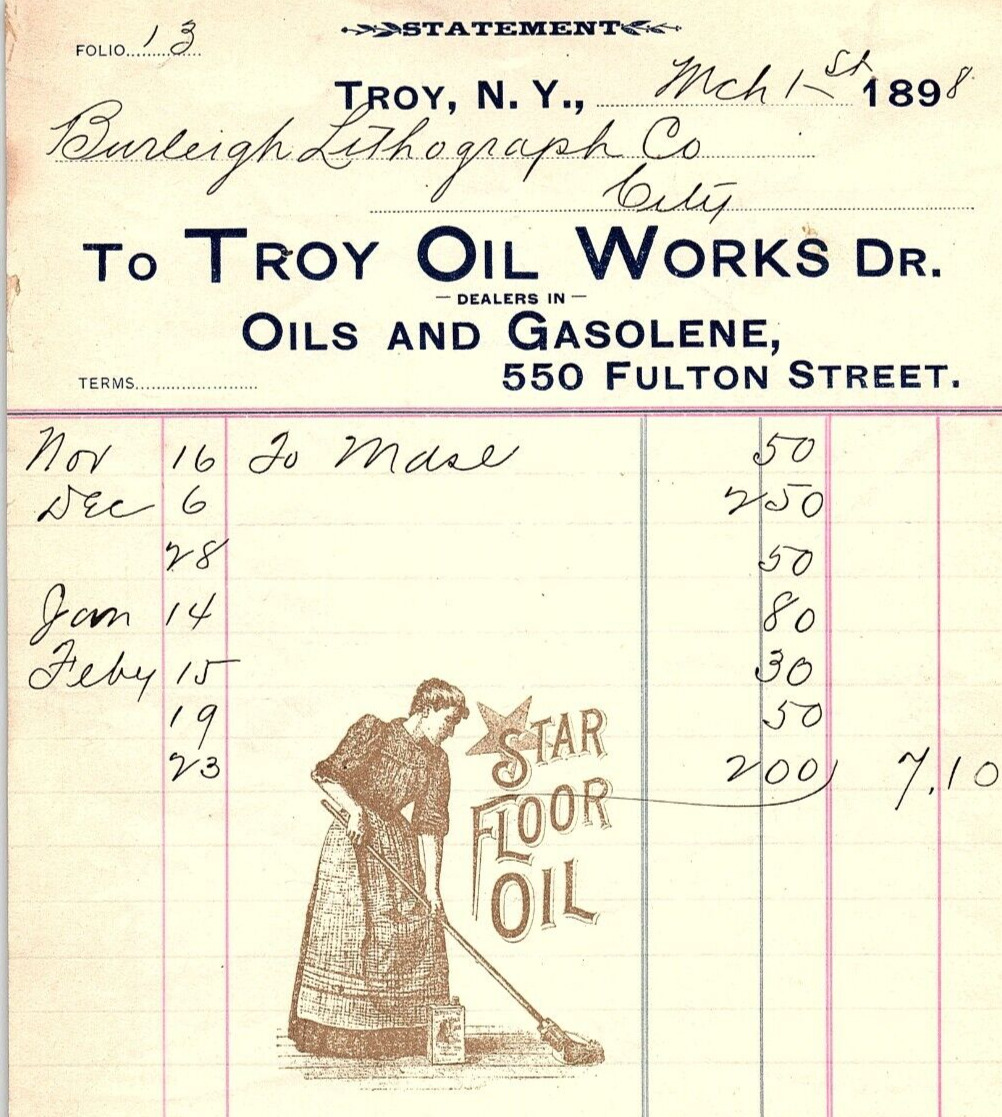 1898 TROY OIL WORKS STAR FLOOR OIL TROY NEW YORK INVOICE BILLHEAD Z5894