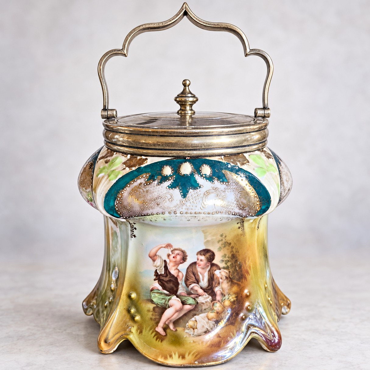 Antique RS Prussia Jeweled Biscuit Barrel Melon Eaters Scene Silverplate Lid