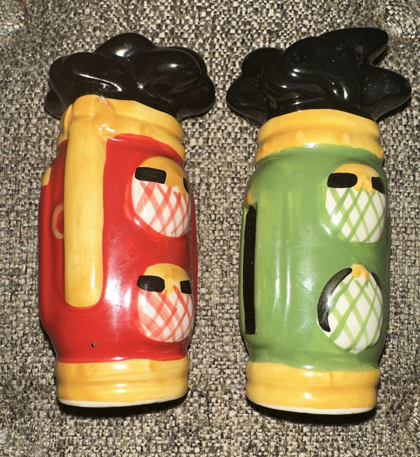 Vintage Salt & Pepper Golf Themed Shakers Featuring Black Tops & Colorful Bags
