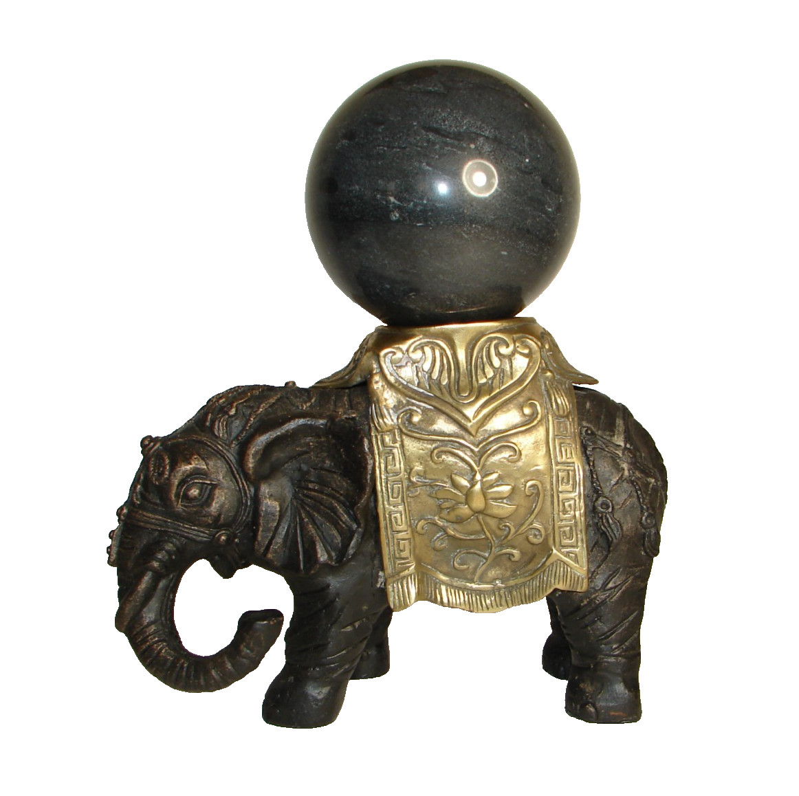 Cast Iron Elephant Figurine Sculpture with Brass Saddle and Stone Sphere Vintage