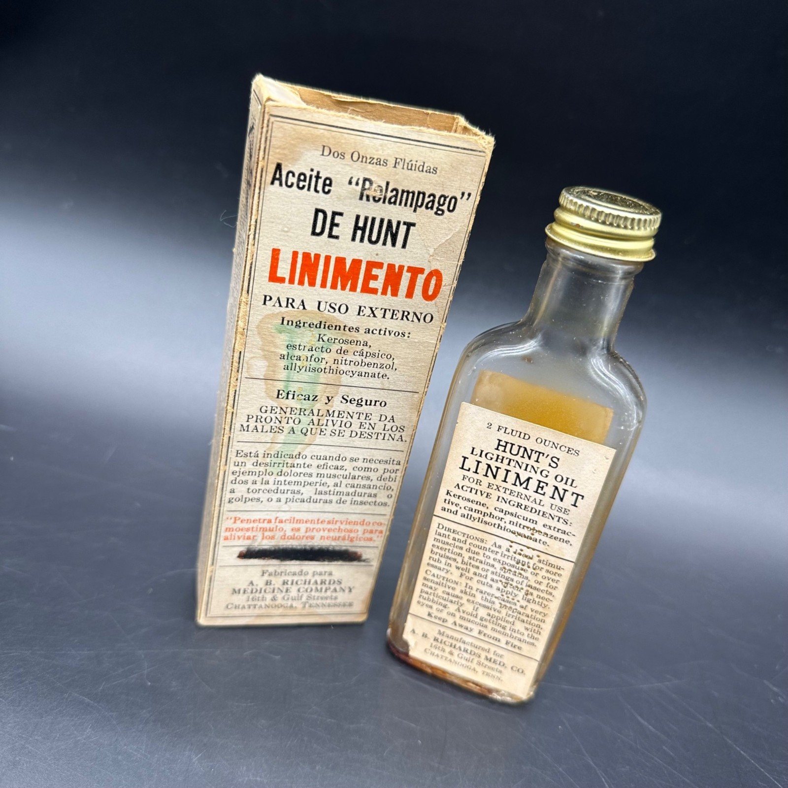 Vtg Hunts Lightning Oil Liniment Bottle Advertising Apothecary Bathroom Decor
