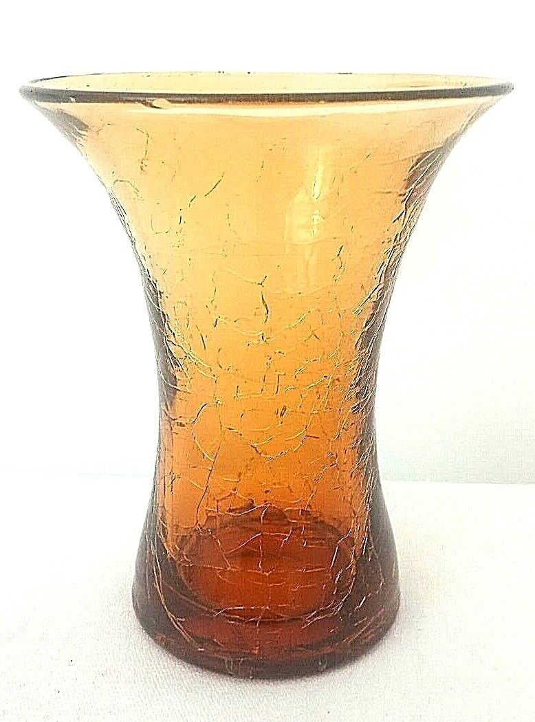 Crackle Glass Vase Vintage Amber MCM 6\