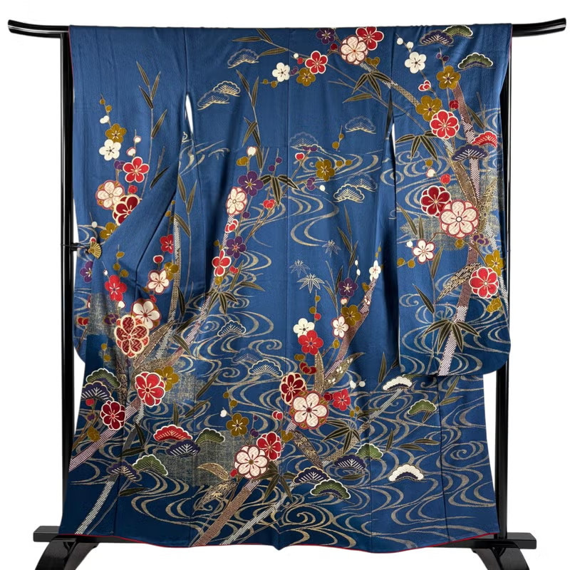 Vintage Japanese Silk Furisode Kimono – Indigo Pine Bamboo Plum