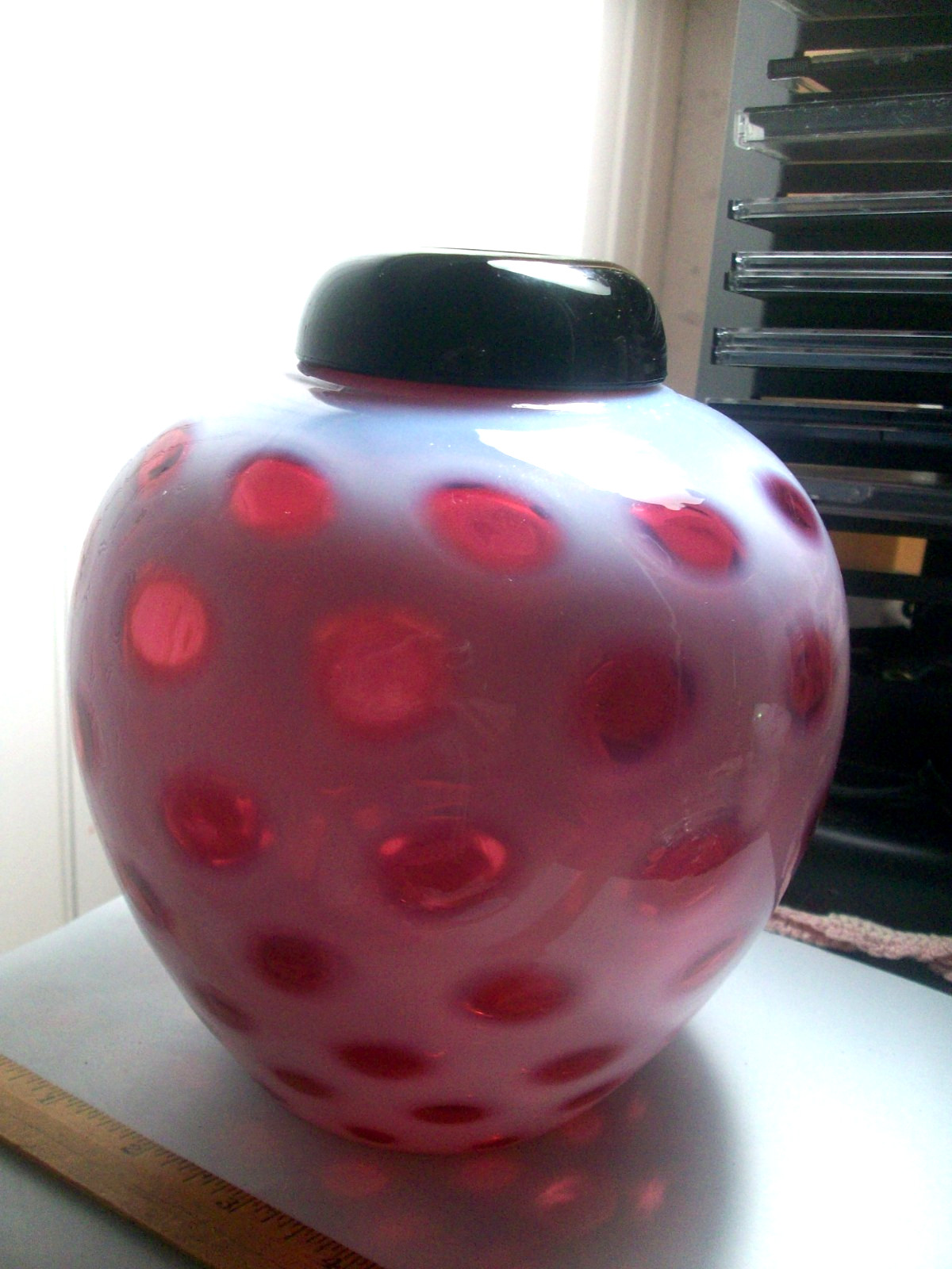 Vintage FENTON cranberry opalescent coin dot ginger jar w/ black glass lid HTF