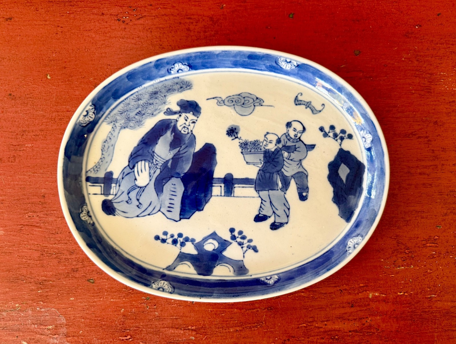 Antique Chinese Hand Painted Blue and White Platter w/ Scholar & Child c 1850